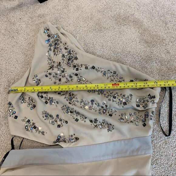 BEBE beige hand beaded one shoulder cutout ruched mini dress Sz M NWT 🔥 - Picture 10 of 11